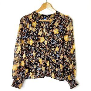 Old Navy Pullover V Neck Waisted Blouse Womens size Small Polyester Black Floral